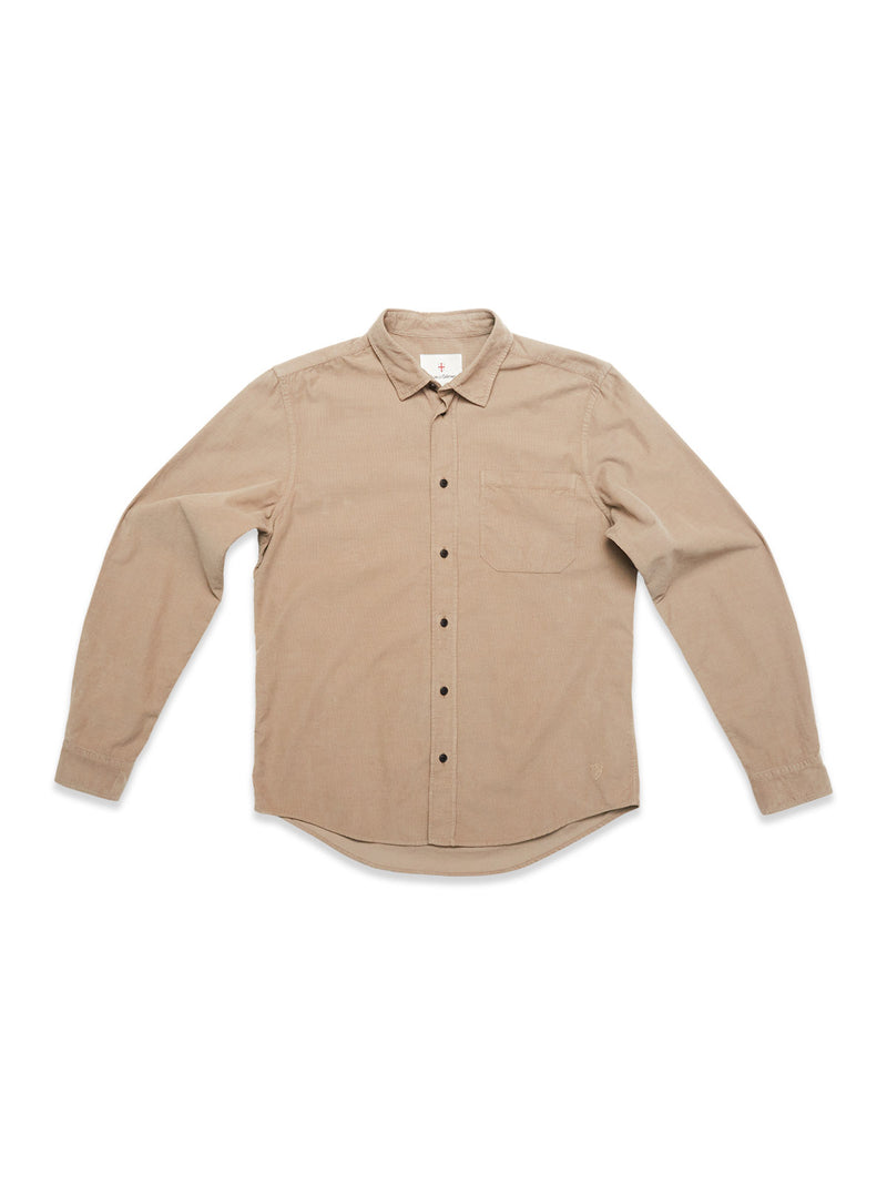 The Blue de Gênes Zamboni Velu Shirt - Fungi is a beige, long-sleeve baby corduroy shirt with a single chest pocket, garment dyed and displayed flat on a white background.