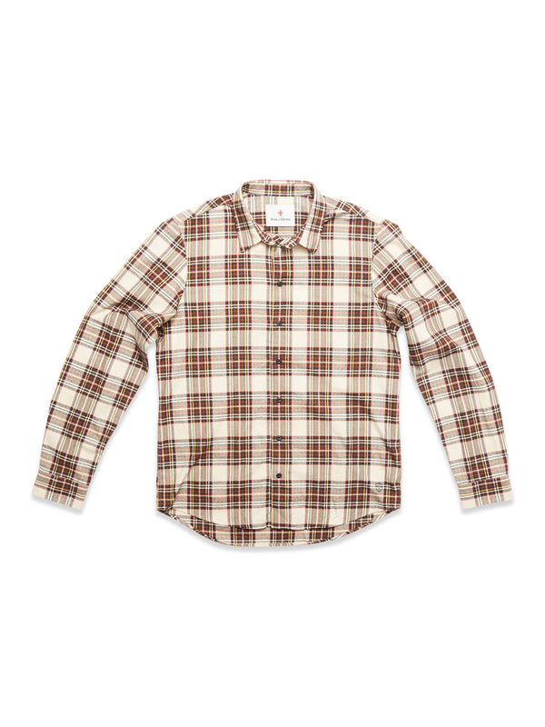 The Blue de Gênes Robertino Brush Shirt - Stone is a long-sleeve button-up in red and brown plaid on white Sidogras cotton, made in Portugal and shown laid flat on a white surface.