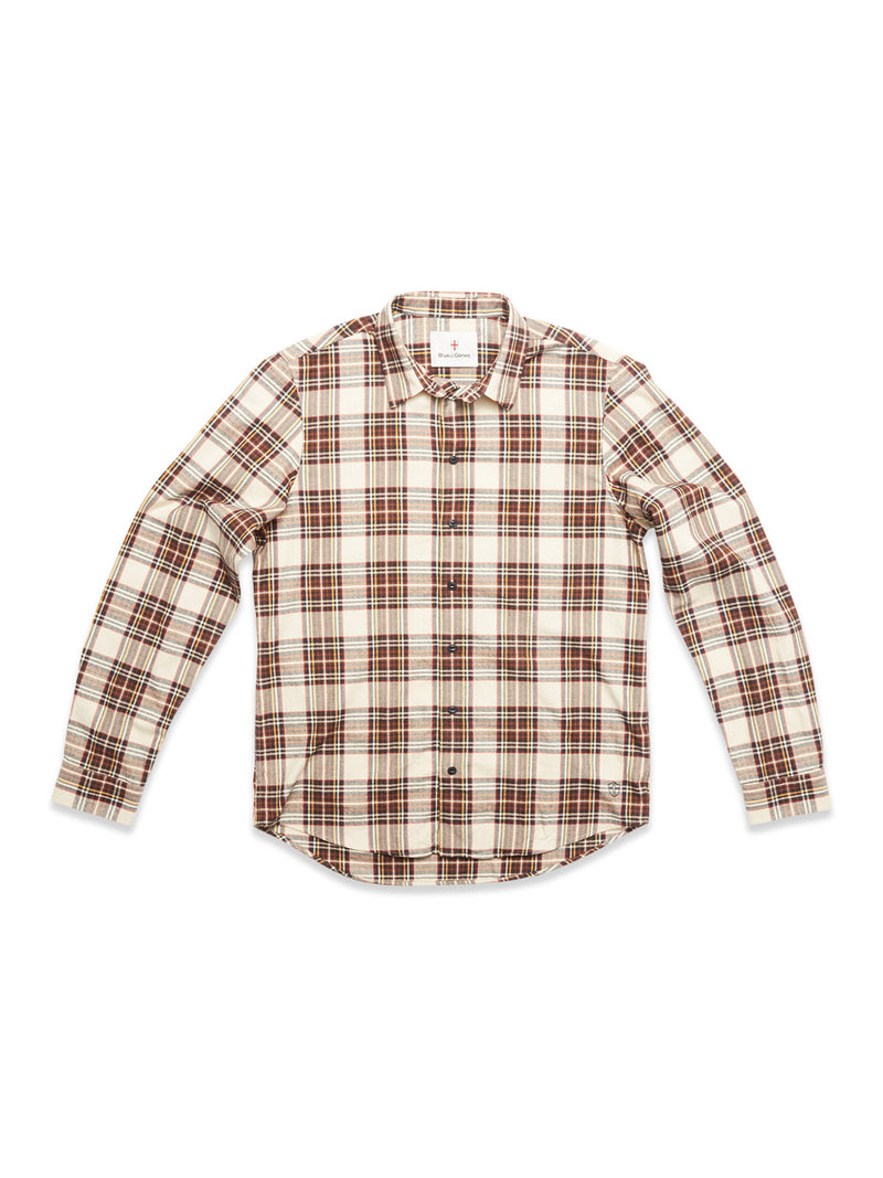 The Blue de Gênes Robertino Brush Shirt - Stone is a long-sleeve button-up in red and brown plaid on white Sidogras cotton, made in Portugal and shown laid flat on a white surface.