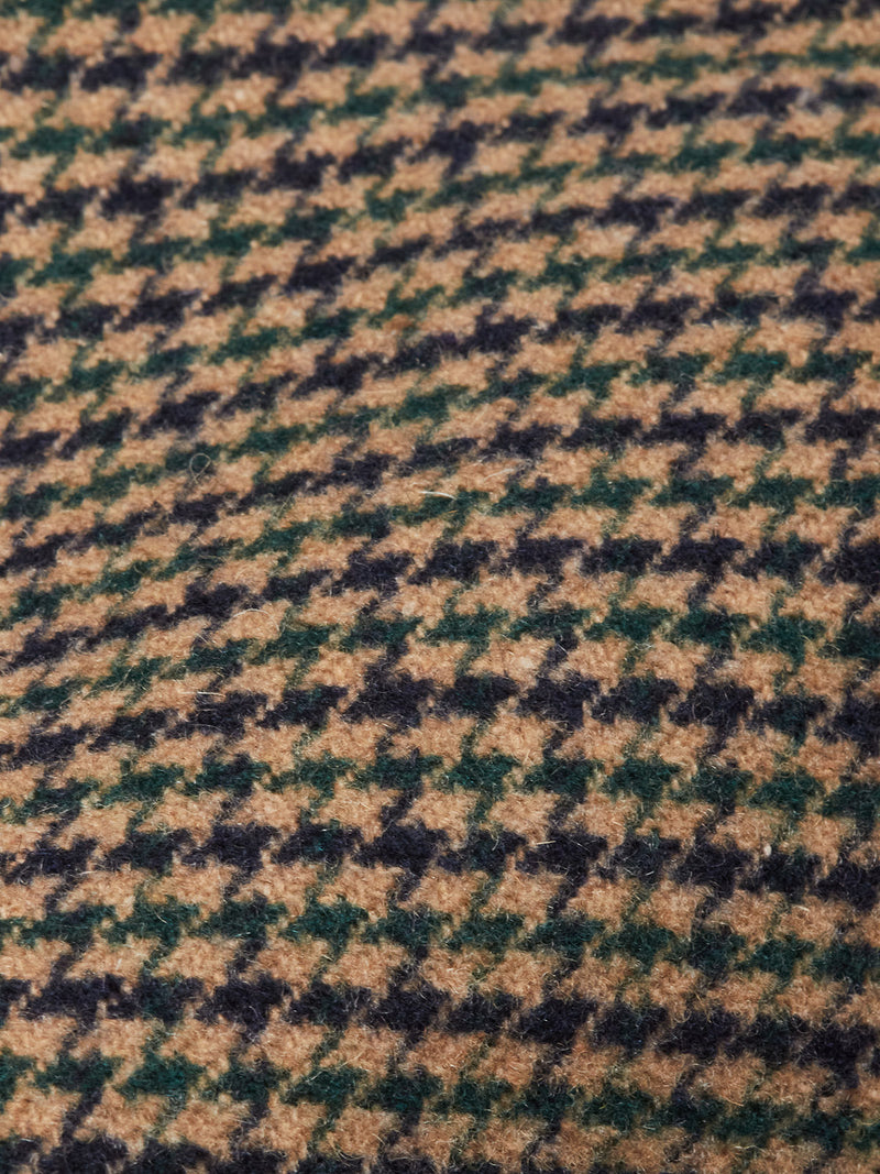 Close-up of the Massone Check Coat by Blue de Gênes, featuring luxurious Melton wool with a black, green, and tan check pattern—ideal for a stylish winter look.