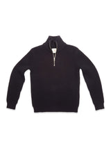 The Yomaha Halfzip Knit by Blue de Gênes in navy is a chunky, long-sleeve sweater with a half-zip collar, shown laid flat on a white background.