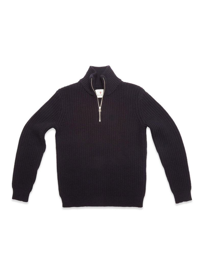 The Yomaha Halfzip Knit by Blue de Gênes in navy is a chunky, long-sleeve sweater with a half-zip collar, shown laid flat on a white background.