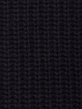 Close-up of the Yomaha Halfzip Knit in Navy by Blue de Gênes, highlighting its dark ribbed knit with a vertical pattern, textured surface, and soft chunky fibers.