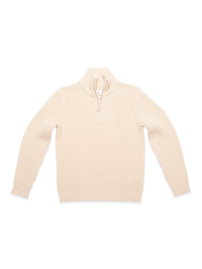 The Yomaha Halfzip Knit - Fungi by Blue de Gênes is a cream long-sleeve chunky wool-blend sweater with a high collar and partial zip, displayed flat on a white background.
