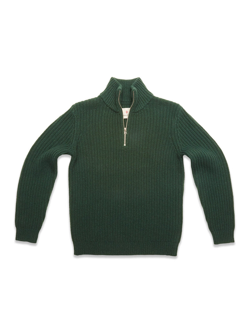 The Blue de Gênes Yomaha Halfzip Knit in Scarab is a dark green, chunky ribbed sweater with long sleeves, a high collar, and a silver half-zip, shown laid flat on a white background.
