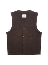 The Blue de Gênes Koi Wool Gilet - Chocolate is a sleeveless, dark brown boiled wool vest with a V-neck, three front buttons, a chest pocket, and two lower pockets, shown laid flat on a white background.