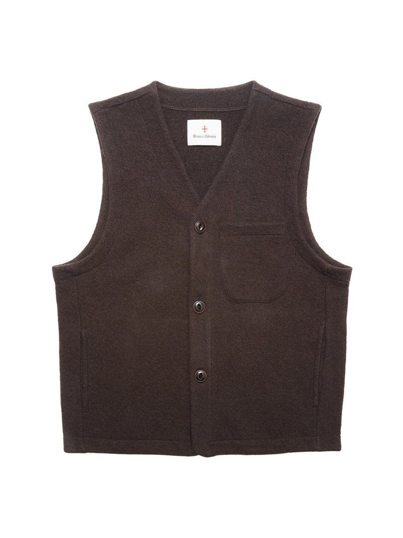 The Blue de Gênes Koi Wool Gilet - Chocolate is a sleeveless, dark brown boiled wool vest with a V-neck, three front buttons, a chest pocket, and two lower pockets, shown laid flat on a white background.