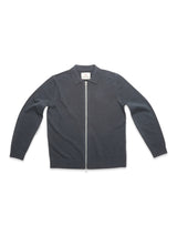 The Blue de Gênes Nuvali Polo Cardigan - Dark Slate is a men's modern cardigan with long sleeves, a collar, and a full front zipper, shown laid flat on a white background.