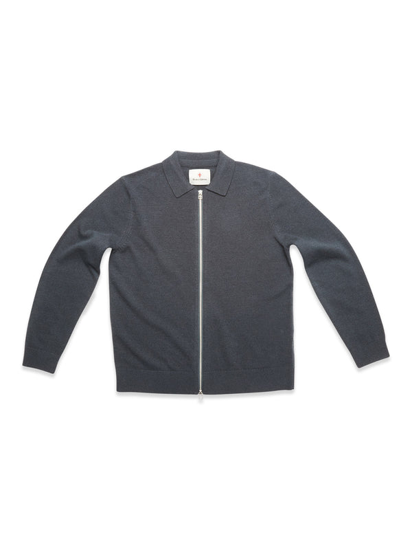 The Blue de Gênes Nuvali Polo Cardigan - Dark Slate is a men's modern cardigan with long sleeves, a collar, and a full front zipper, shown laid flat on a white background.