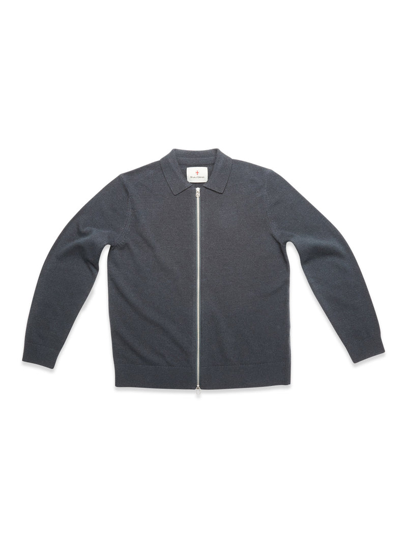 The Blue de Gênes Nuvali Polo Cardigan - Dark Slate is a men's modern cardigan with long sleeves, a collar, and a full front zipper, shown laid flat on a white background.