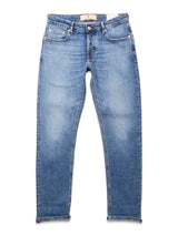 The Vinci Girisha Used Jeans - Used by Blue de Gênes are light blue regular fit jeans in comfort stretch denim, with a classic five-pocket design, button closure, and subtle fading on the thighs and knees.