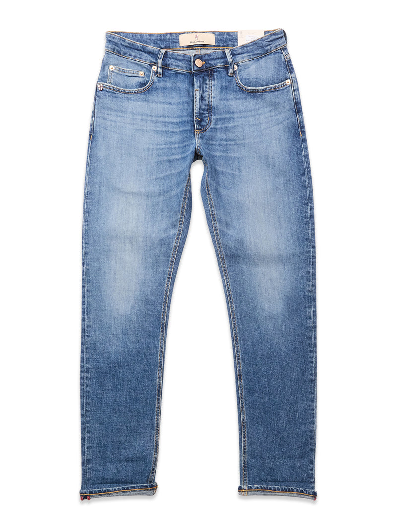 The Vinci Girisha Used Jeans - Used by Blue de Gênes are light blue regular fit jeans in comfort stretch denim, with a classic five-pocket design, button closure, and subtle fading on the thighs and knees.