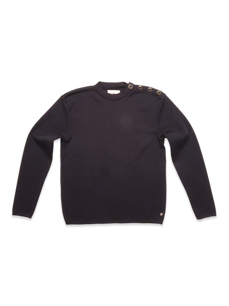 The Toyama Knit L/S by Blue de Gênes is a dark navy Merino wool crewneck sweater with long sleeves and four metallic buttons on the left shoulder, shown against a white background.