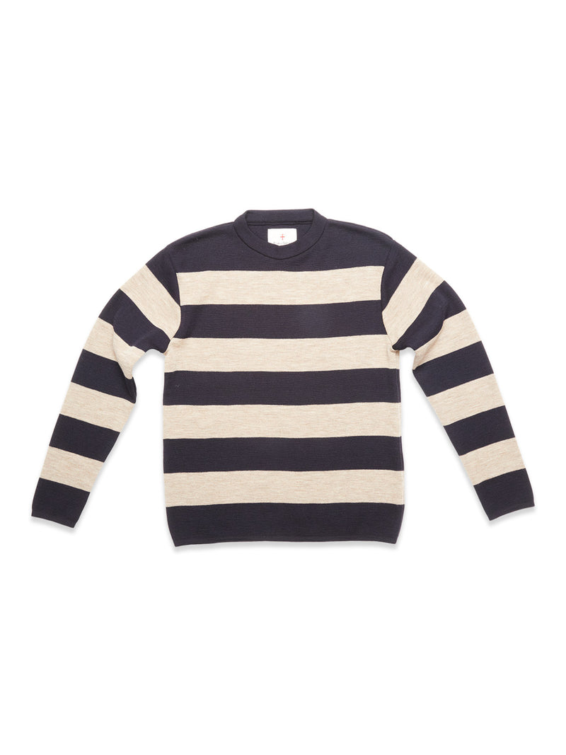 The Blue de Gênes Toyama Stripe Knit L/S in Dark Navy features wide navy and beige horizontal stripes, shown flat on a white background.