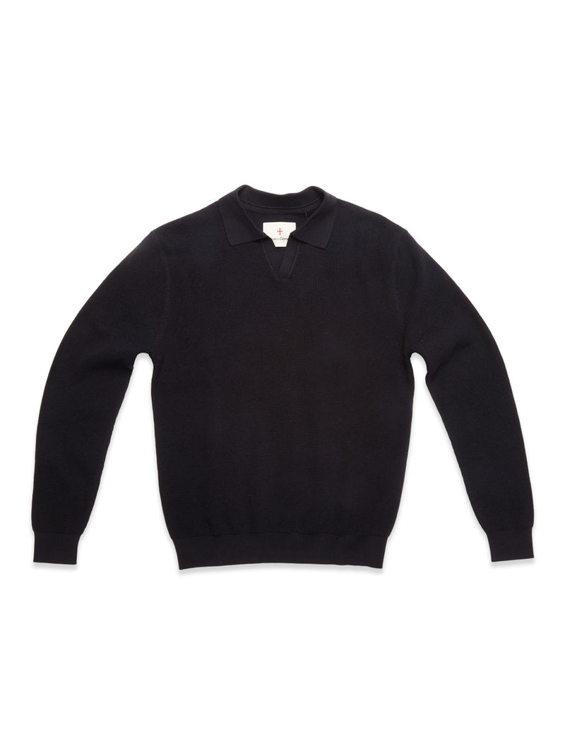 The Blue de Gênes Otia L/S Polo Knit in navy is a luxury long-sleeved polo shirt with a collar and small V-shaped neckline, shown laid flat on a white background.