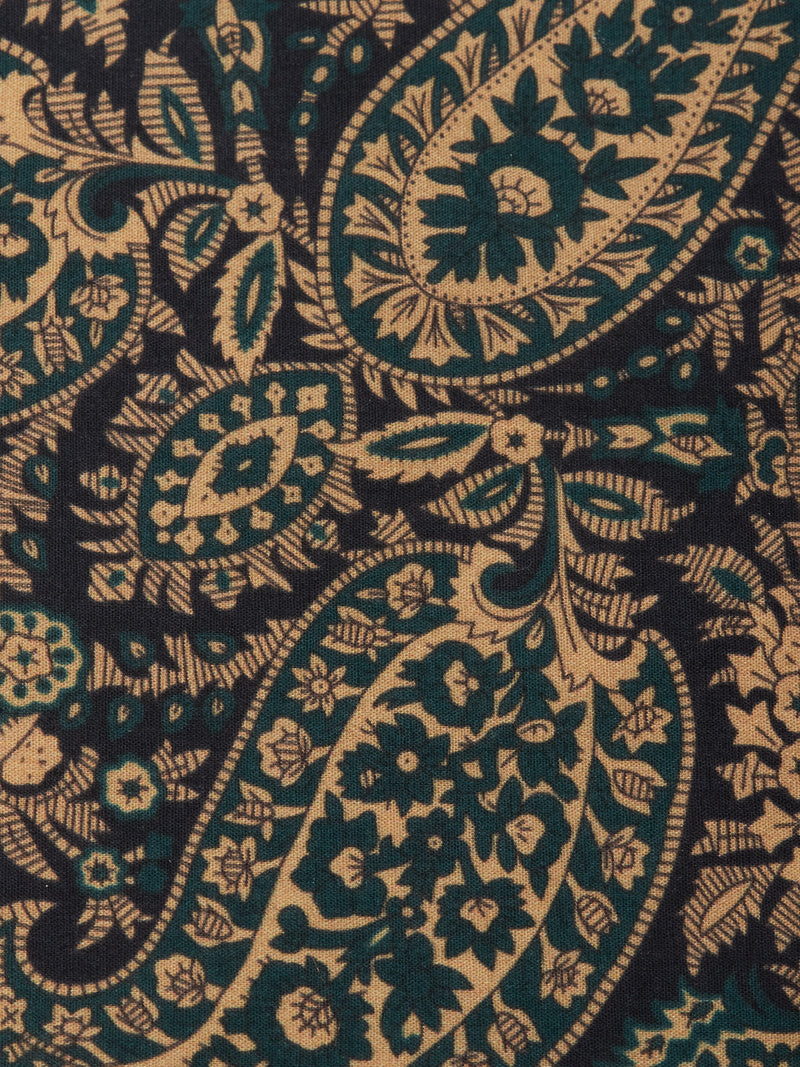Close-up of the Siruku Scarf - Mixed Colours by Blue de Gênes, featuring an intricate paisley pattern in dark green and beige with detailed floral and leaf motifs.