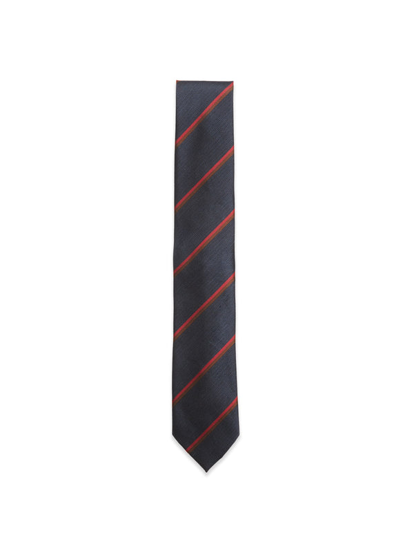 The Nekutaki Tie #B - Navy Stripe by Blue de Gênes is a mens accessory featuring dark navy with diagonal red stripes, shown on a plain white background.
