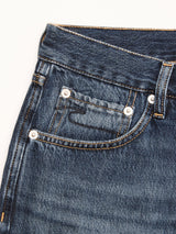 Close-up of the front pocket area of BGmarco Rowan Jeans - Used by Blue de Gênes, showing the 5-pocket denim design, detailed stitching, rivets, and belt loops on a white background.