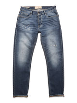 The Blue de Gênes BGvinci Striker Jeans - Dark Distress feature comfort stretch denim in blue with faded wash, distressing, and frayed patches on the thighs and knees, shown flat on a white background.