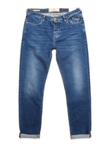 The BGrepi Kanto Jeans - Used by Blue de Gênes are blue slim-fit jeans with rolled cuffs, comfort stretch denim, classic five-pocket design, and a mid-rise waist.