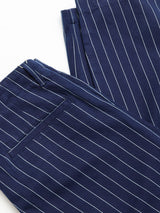 Close-up of BGpalco Toll Pants by Blue de Gênes in navy with white pinstripes, showing the welt pocket and waistband—ideal for smart workwear chino style.