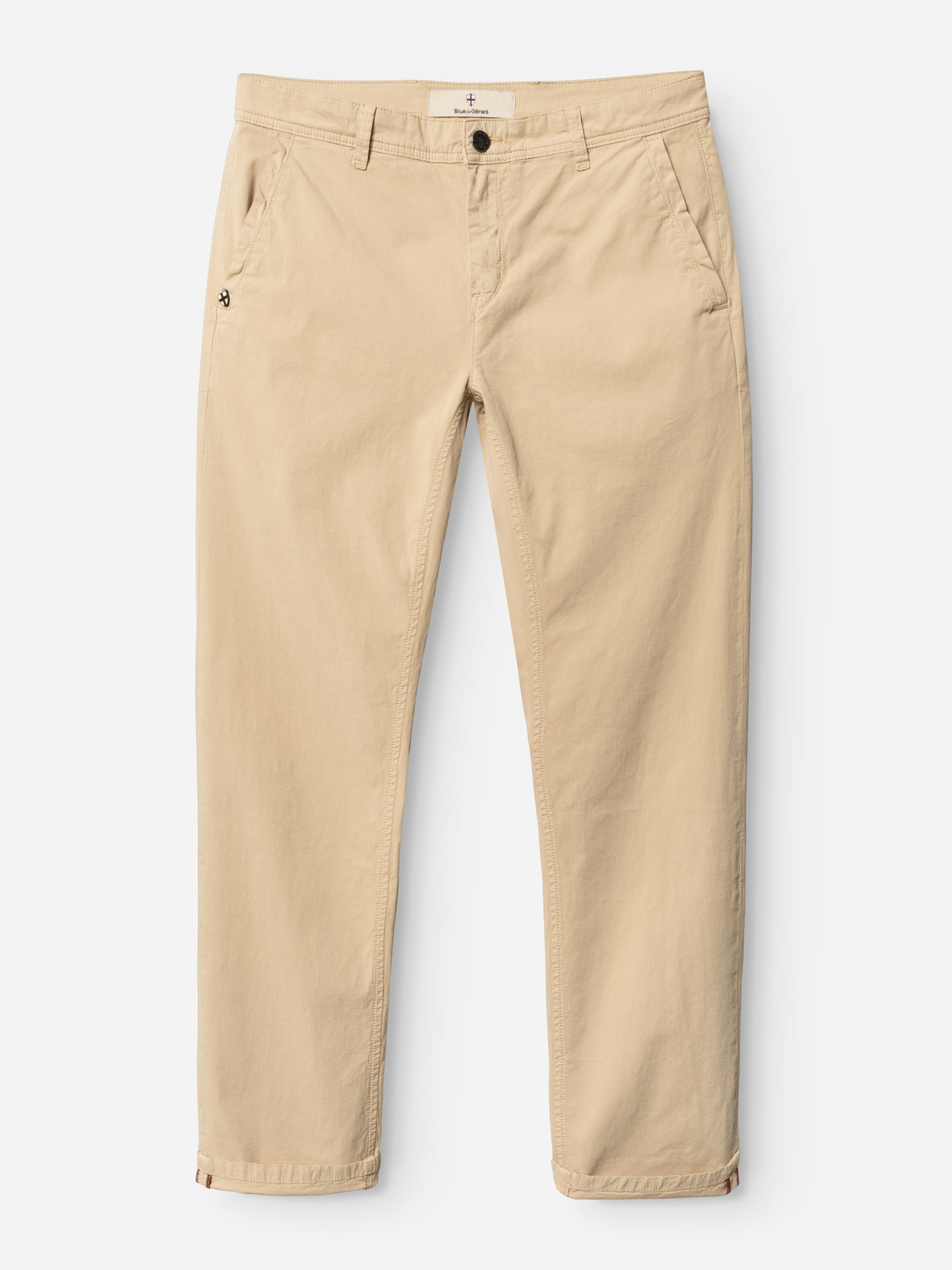 A pair of BGmenzo Vecchio Chino - Pale Khaki from Blue de Gênes, featuring a slim fit, comfort stretch, side pockets, button and zip closure, and belt loops, laid flat on a white background.