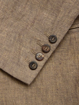 Close-up of the BGcricket Lin Blazer - Grey Mel by Blue de Gênes, highlighting the grey melange linen hemp blend sleeve with a subtle diagonal weave and four dark buttons stitched in a row near the cuff.