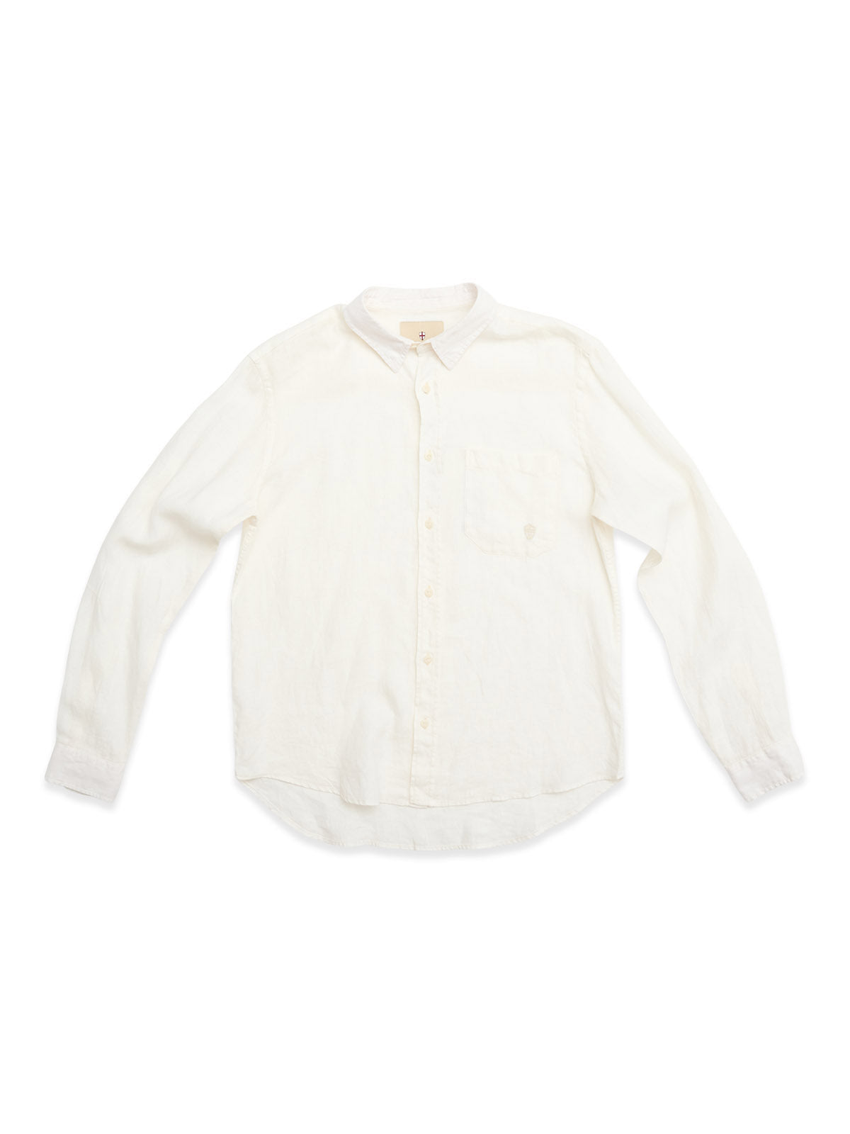 The Blue de Gênes BGenric Hope L/S Shirt in Chalk is a breathable, long-sleeve linen shirt with a cut away collar and front chest pocket, shown laid flat on a white background.
