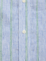 The BGenrico Mida Shirt - Blue Stripe by Blue de Gênes features blue and white vertical stripes with green accents, two white center buttons, and a classic cutaway collar—ideal as a breathable summer shirt.