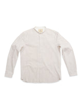 The BGbasso Meco Shirt - Beige Stripe by Blue de Gênes is a long-sleeve, button-up shirt with subtle vertical stripes and a band collar. Made in Portugal from 100% cotton, it has a relaxed fit and is shown on a white background.