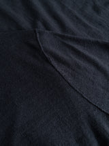 A close-up of Blue de Gênes BGmonty Knit in Dark Navy shows its textured cotton-linen blend with a visible diagonal seam, highlighting the intricate weave and stitching details.