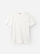 The BGoscar T-Shirt - Snow Fall by Blue de Gênes is a 100% cotton, plain white crewneck with a left chest pocket, shown against a white background.