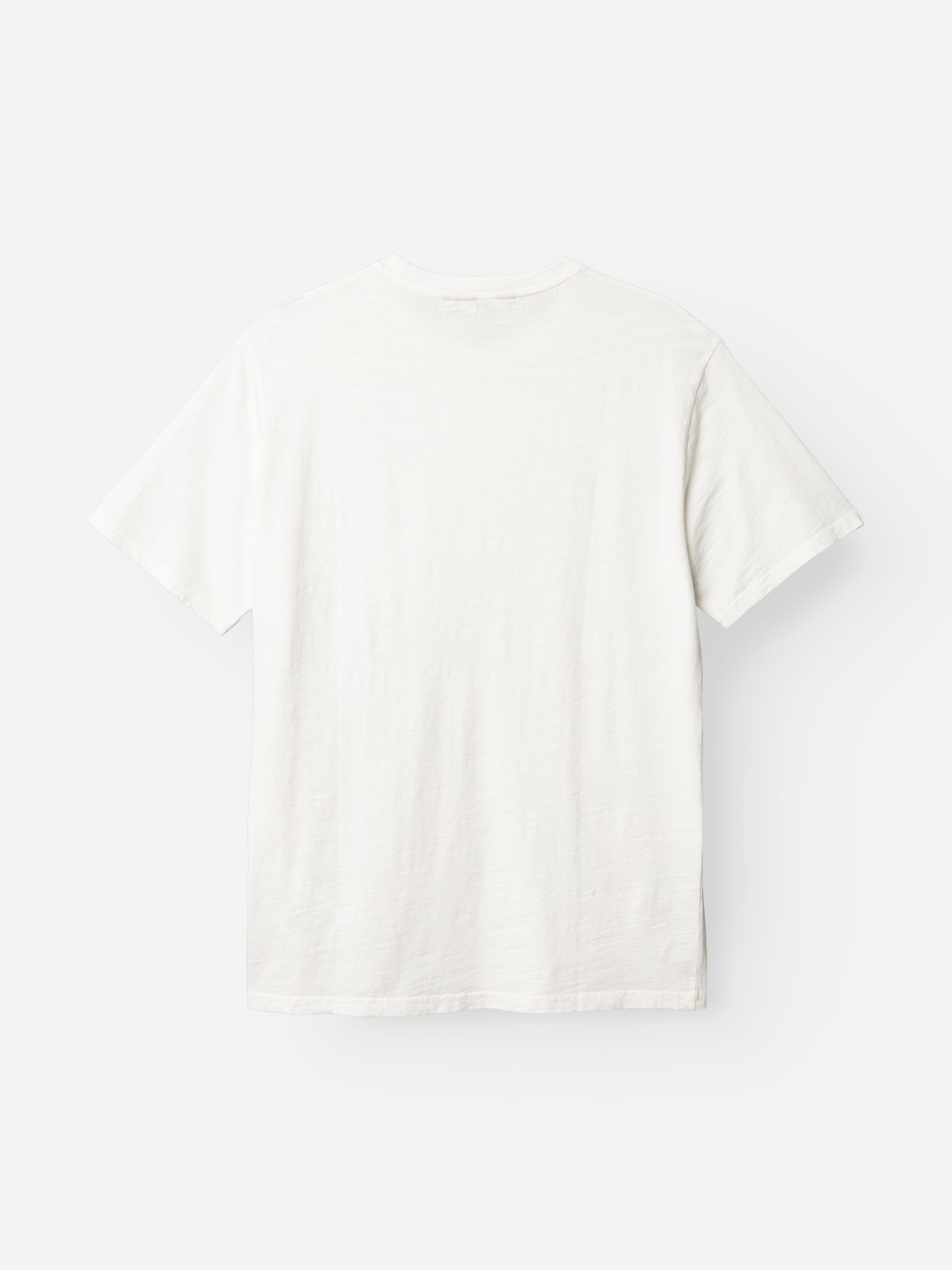 The BGoscar T-Shirt - Snow Fall by Blue de Gênes is displayed flat, back side up, against a light background. Crafted from 100% cotton, this plain white crewneck tee offers classic style and all-day comfort.
