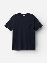 The BGoscar T-Shirt - Dark Navy by Blue de Gênes is a 100% cotton tee with a classic crewneck and small left chest pocket, shown on a white background.