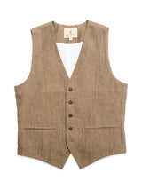 The BGcanna Lin Gilet by Blue de Gênes in Grey Mel is a sleeveless linen hemp vest with a V-neck, five front buttons, and two front welt pockets, shown flat on a white background.
