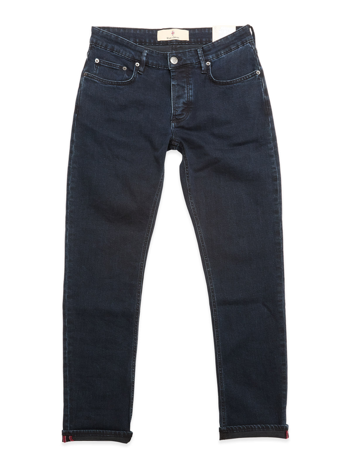 The Blue de Gênes BGvinci Black OD Jeans in blue-black denim feature comfort stretch, a classic five-pocket design, metal rivets, and belt loops, shown laid flat on a white background.
