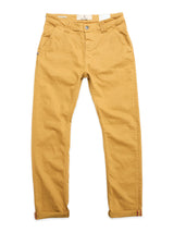 The BGpaulo Pavia Pant - Sunflower by Blue de Gênes is a vintage-inspired mustard yellow chino featuring front pockets, belt loops, and rolled cuffs, crafted from cotton stretch fabric and shown flat on a white background.