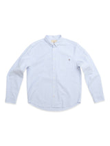 The BGsander Oxford Shirt - Blue Stripe by Blue de Gênes is a light blue and white striped 100% cotton shirt with a button-down collar, buttoned cuffs, and an embroidered logo on the left chest, shown on a white background.