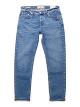 The Vinci Pala Used V2 Jeans by Blue de Gênes are regular fit denim blue jeans made from comfort stretch fabric with a classic five-pocket design, button and zipper closure, and straight legs, laid flat on a white background.