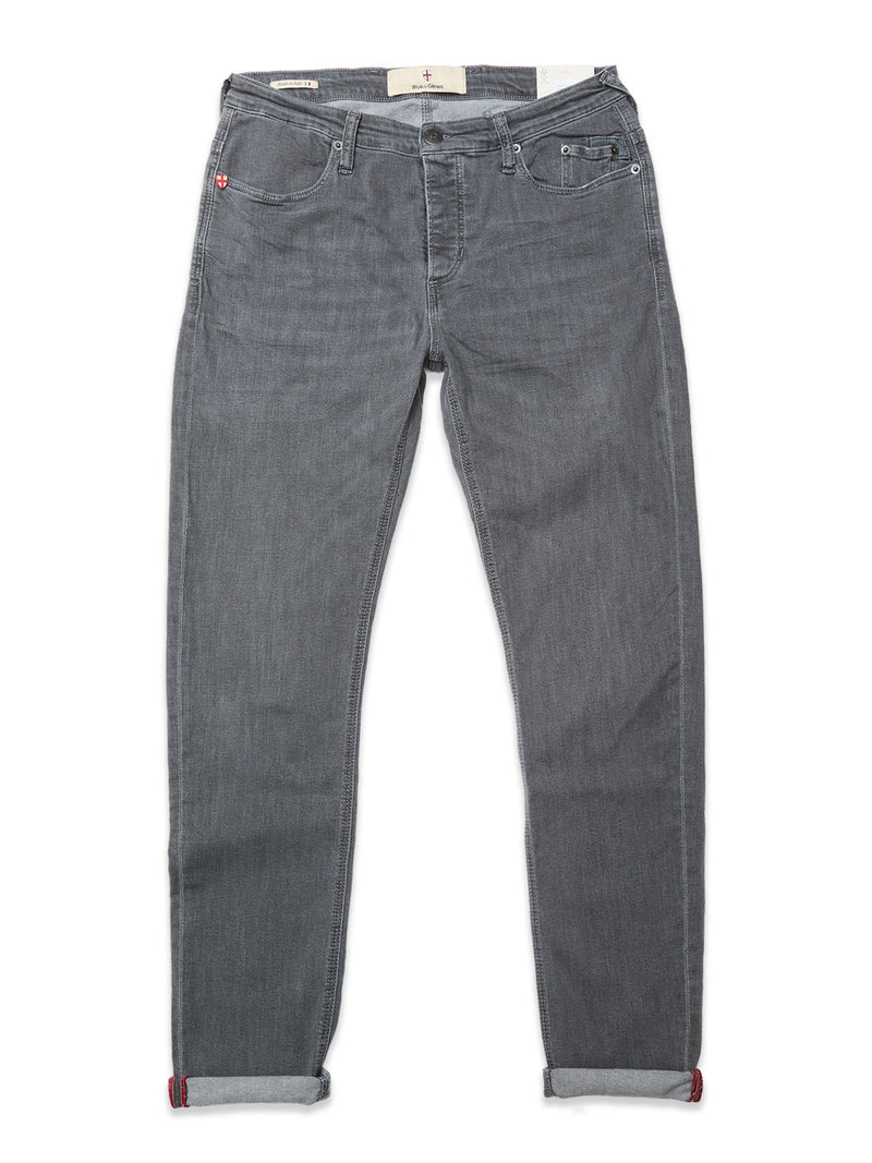 The Blue de Gênes Repi Giulio Light V2 Jeans in Grey Denim feature a slim fit, five pockets, subtle fading, comfort stretch fabric, and small ankle cuffs.