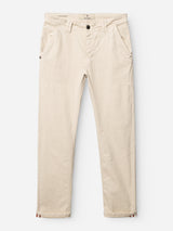 A pair of Blue de Gênes BGpaulo Pavia 1 V2 Chino in ecru, made from stretch cotton with front pockets, belt loops, and button closure, is laid flat on a white background.