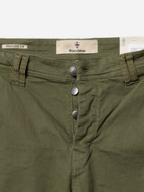 Close-up of BGpaulo Pavia 1 V2 Chino in Army by Blue de Gênes, crafted from stretch cotton with visible belt loops, three metallic fly buttons, brown stitching, and a beige "Made in Italy" tag with Italian flag accents.