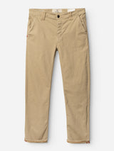 The BGpaulo Pavia 1 V2 Chino - Khaki by Blue de Gênes are beige cotton-stretch pants with front pockets, belt loops, button closure, and straight legs, inspired by vintage military style and shown flat on a white background.