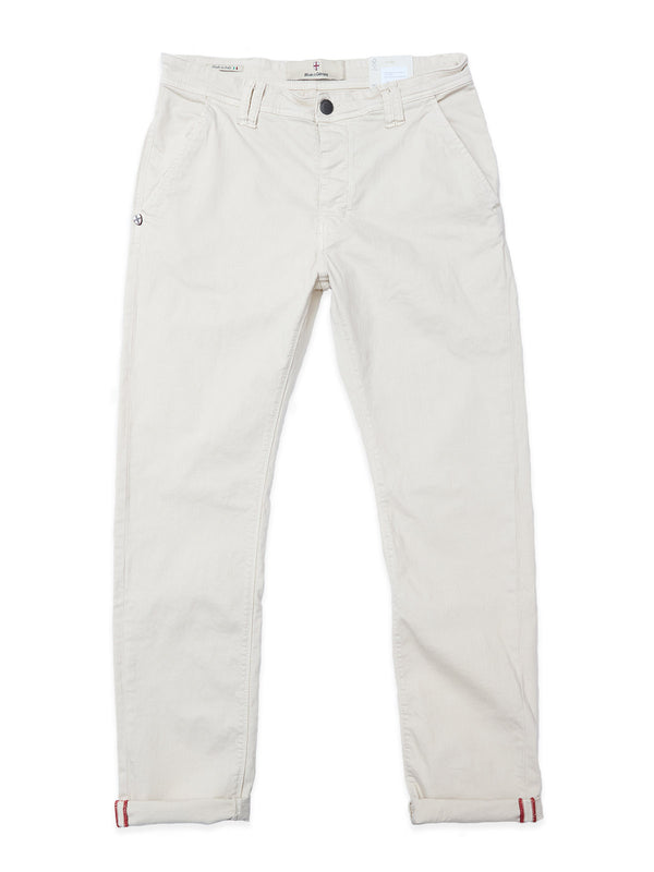 The Blue de Gênes BGpaulo Pavia 1 V2 Chino in ecru features button and zip closure, side and back pockets, stretch cotton fabric, and red and white cuff details, shown laid flat on a white background.
