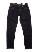 The Blue de Gênes Recco F V2 Jeans - Rinse Wash feature dark blue denim, five pockets, copper rivets, visible stitching, and straight-cut legs, shown laid flat on a white background.