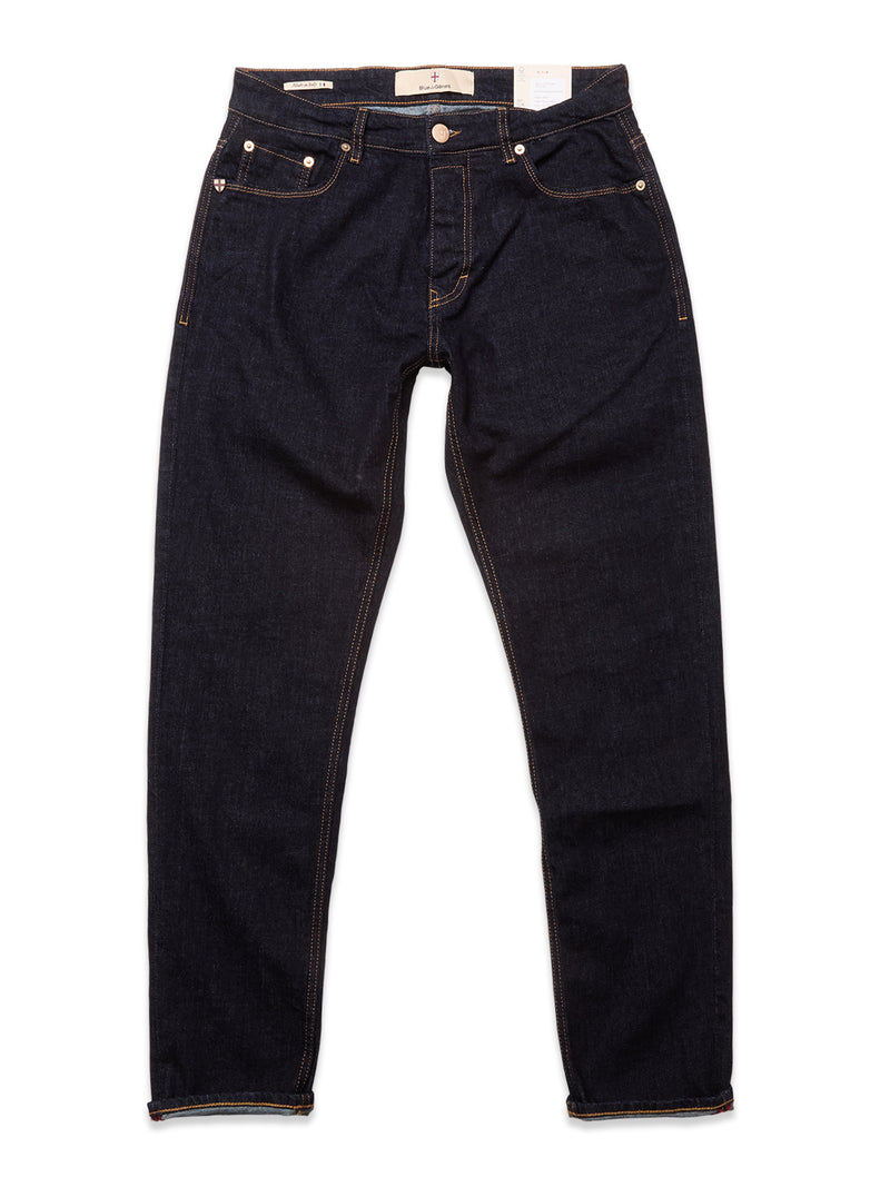 The Blue de Gênes Recco F V2 Jeans - Rinse Wash feature dark blue denim, five pockets, copper rivets, visible stitching, and straight-cut legs, shown laid flat on a white background.