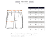 Line drawing of BGcupra Toll Shorts - Navy Stripe by Blue de Gênes, showing dotted waist and thigh measurements and a sizing chart (cm) for sizes 28–38, with a note on possible measurement variations.