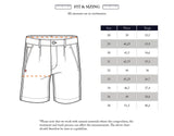 Line drawing of BGcupra Print Shorts - Multi Pattern by Blue de Gênes, highlighting waist and thigh measurement points, plus a sizing chart for sizes 28–38 with waist and thigh measurements in centimeters.