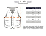 Line drawing of Blue de Gênes BGlumen Toll Gilet - Navy Stripe with front pockets, alongside a size chart (sizes 46–56, chest & back length in cm). Note: slight size variation due to striped cotton vest fabric.