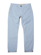 The BGmenzo Vecchio Chino in Blue Fog by Blue de Gênes features a straight fit, comfort stretch fabric, button and zipper closure, front and back pockets, plus turned-up cuffs, shown flat on a white background.